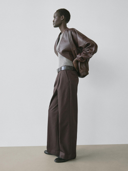 Massimo Dutti Бомбер асимметричного кроя из кожи наппа, коричневый