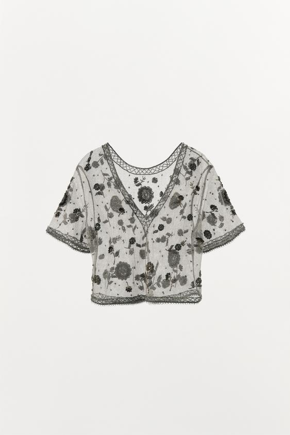 ZARA ТОП ИЗ СЕТЧАТОЙ ТКАНИ С БЛЕСТЯЩЕЙ НИТЬЮ И БУСИНАМИ, СЕРЕБРИСТЫЙ