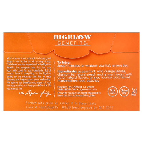 Bigelow, Benefits®, успокаивающий травяной чай, имбирь и персик, без кофеина, 18 чайных пакетиков, 40 г (1,44 унции)