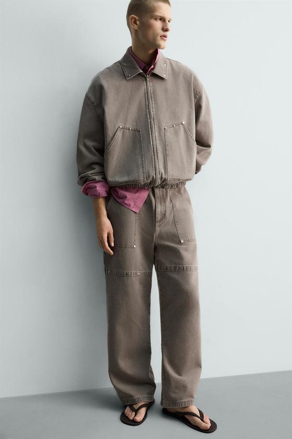 ZARA БРЮКИ RELAXED FIT С ЗАКЛЕПКАМИ LIMITED EDITION, ПЕСОЧНЫЙ МЕЛАНЖ