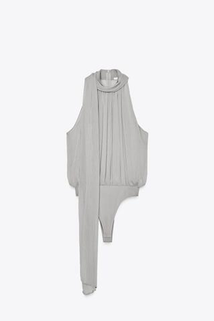 ZARA БОДИ ИЗ ШИФОНА С ЗАВЯЗКАМИ, ЖЕМЧУЖНО-СЕРЫЙ