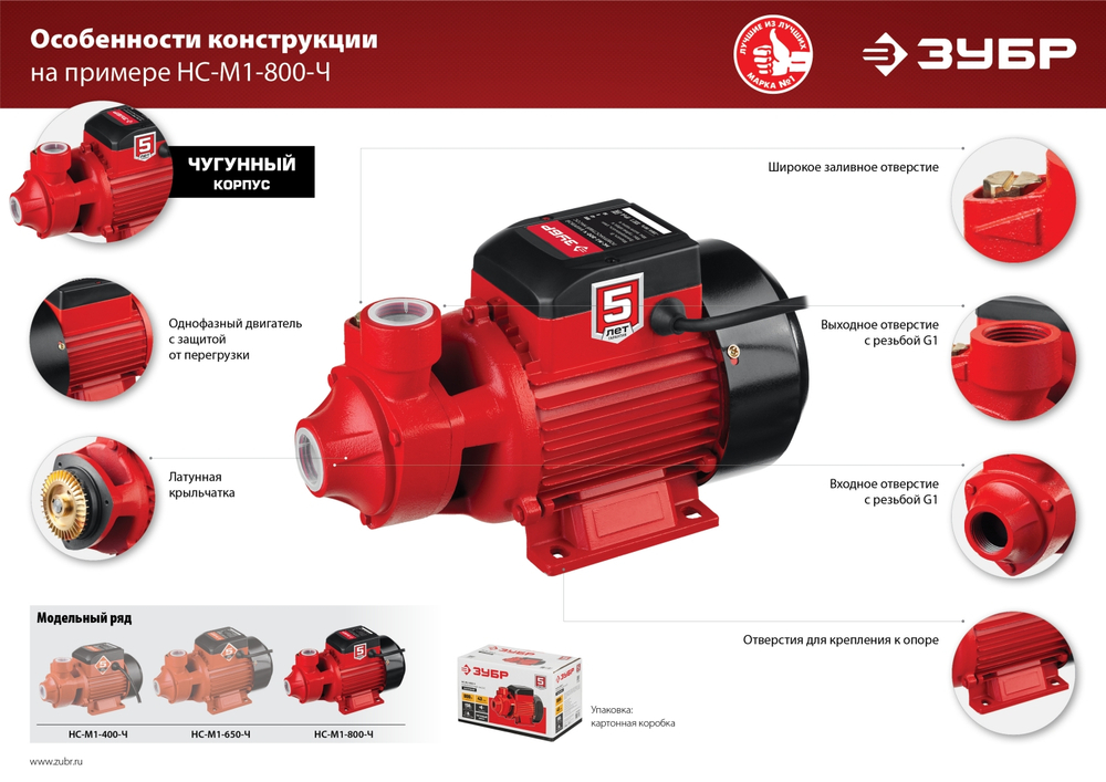 ЗУБР 400 Вт , поверхностный вихревой насос, корпус из чугуна (НС-М1-400-Ч)
