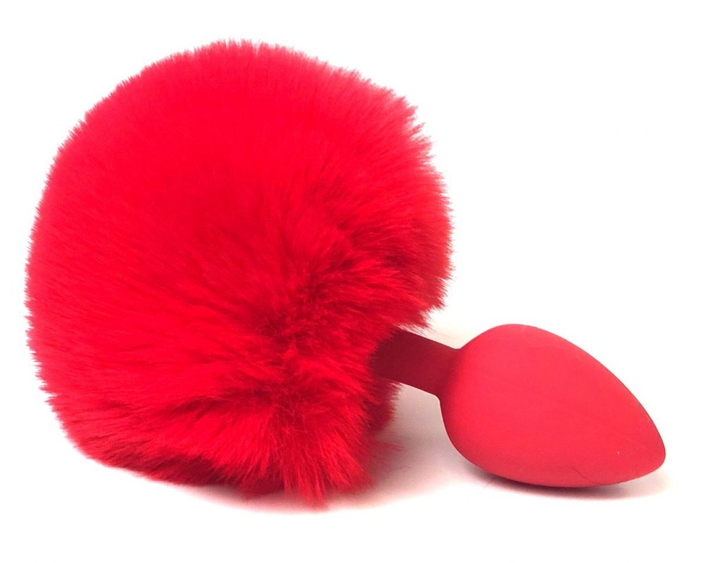 Красная анальная пробка размера S с пушистым хвостиком зайки (Цвет: красный)