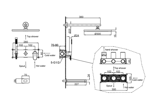 Boheme Смеситель встроенный для душа с верхней лейкой и изливом SPECTRE Bronze