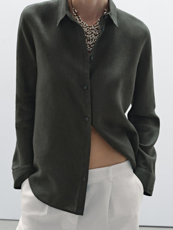 Massimo Dutti Рубашка из струящегося 100% льна, темно-зеленый