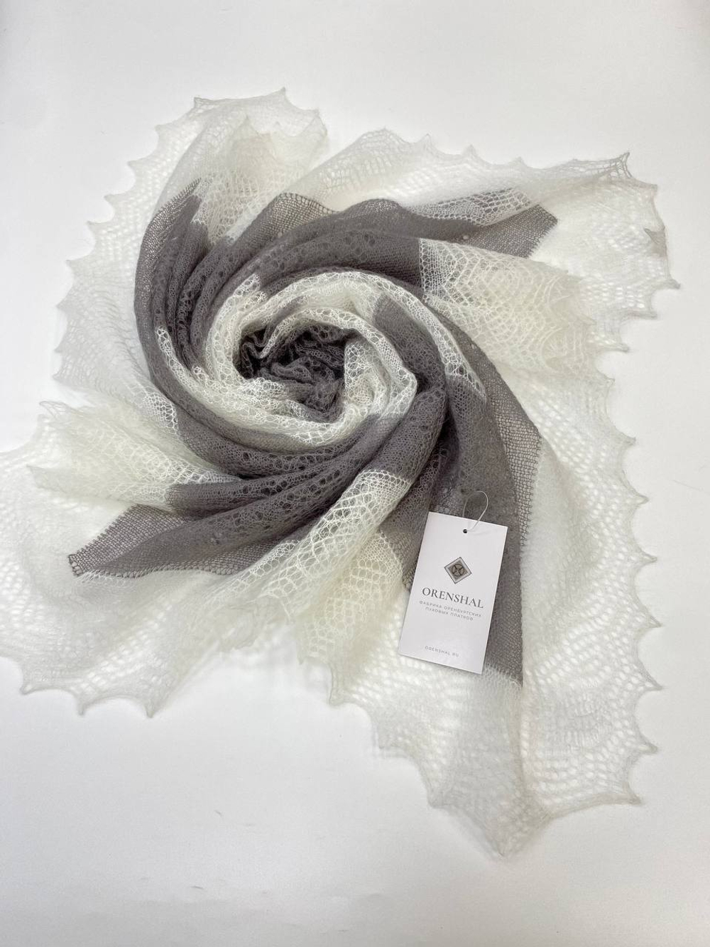 Оренбургский пуховый платок-паутинка АИ100-01/03 белый/серый