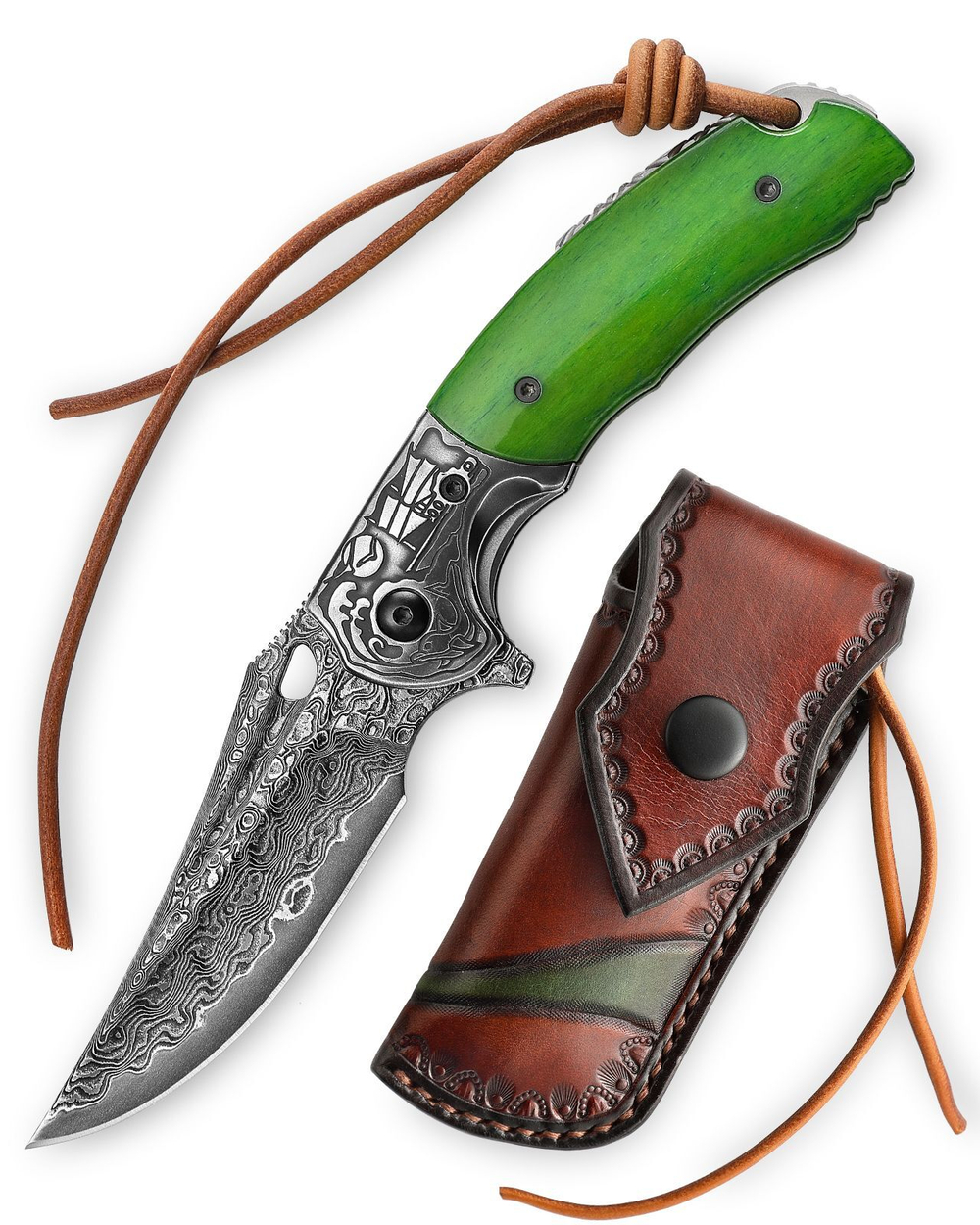 Складной туристический нож TRIVISA Puppis-02G/P клинок 67 Layers Damascus рукоять сталь и кость (зеленый)