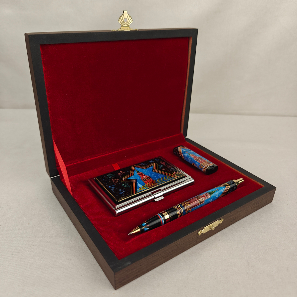 Набор "Кремль. Звезда" визитница, флешка и ручка Parker с ручной росписью Палех в футляре