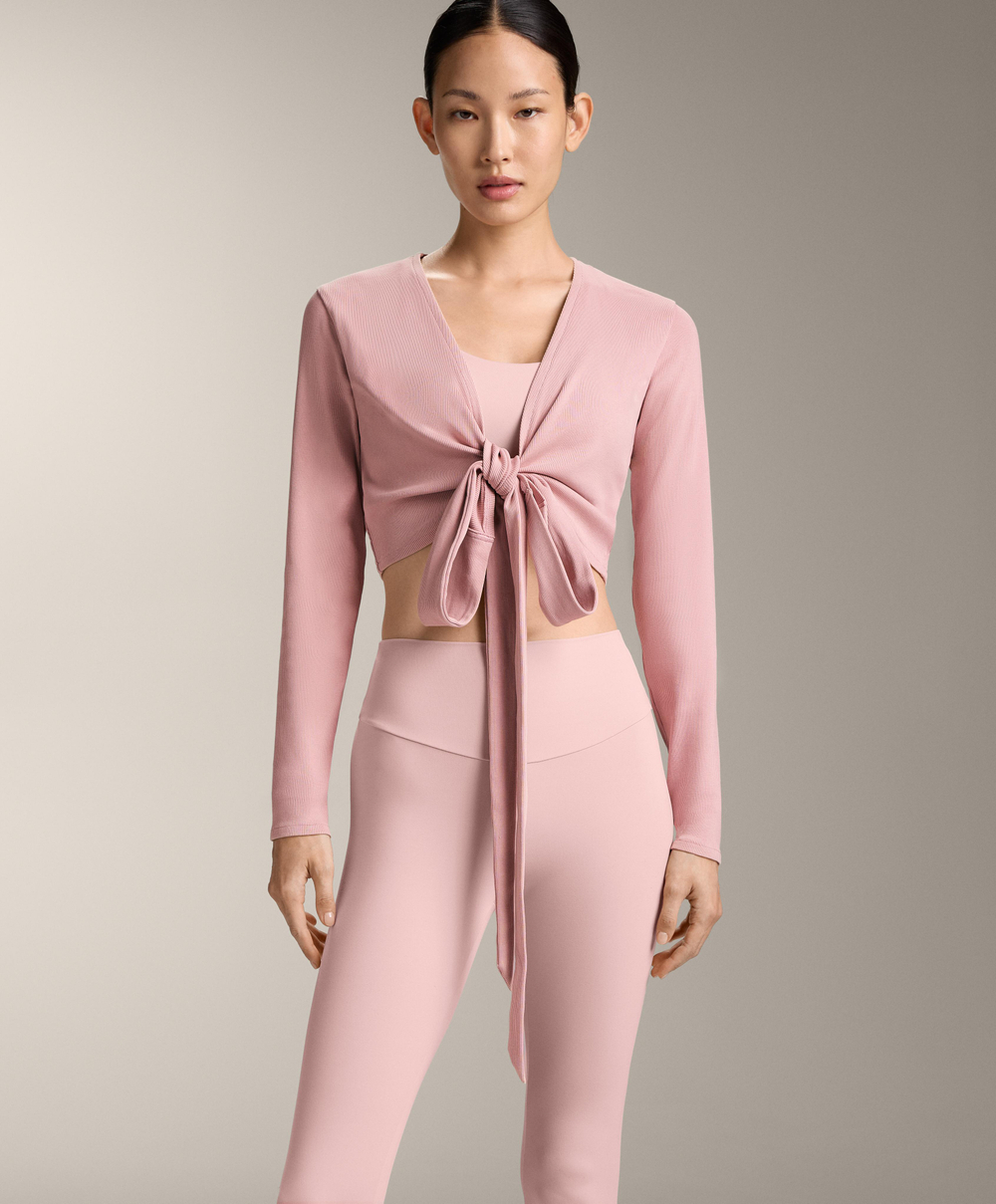 Oysho Футболка с длинными рукавами на запахе в рубчик, розовый