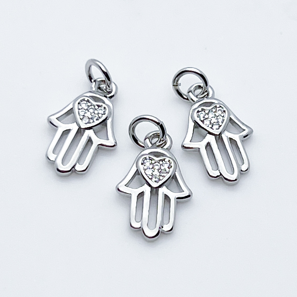 Подвеска Хамса, цвет серебро, фианиты, размер 14*9 мм, цена за 1 шт