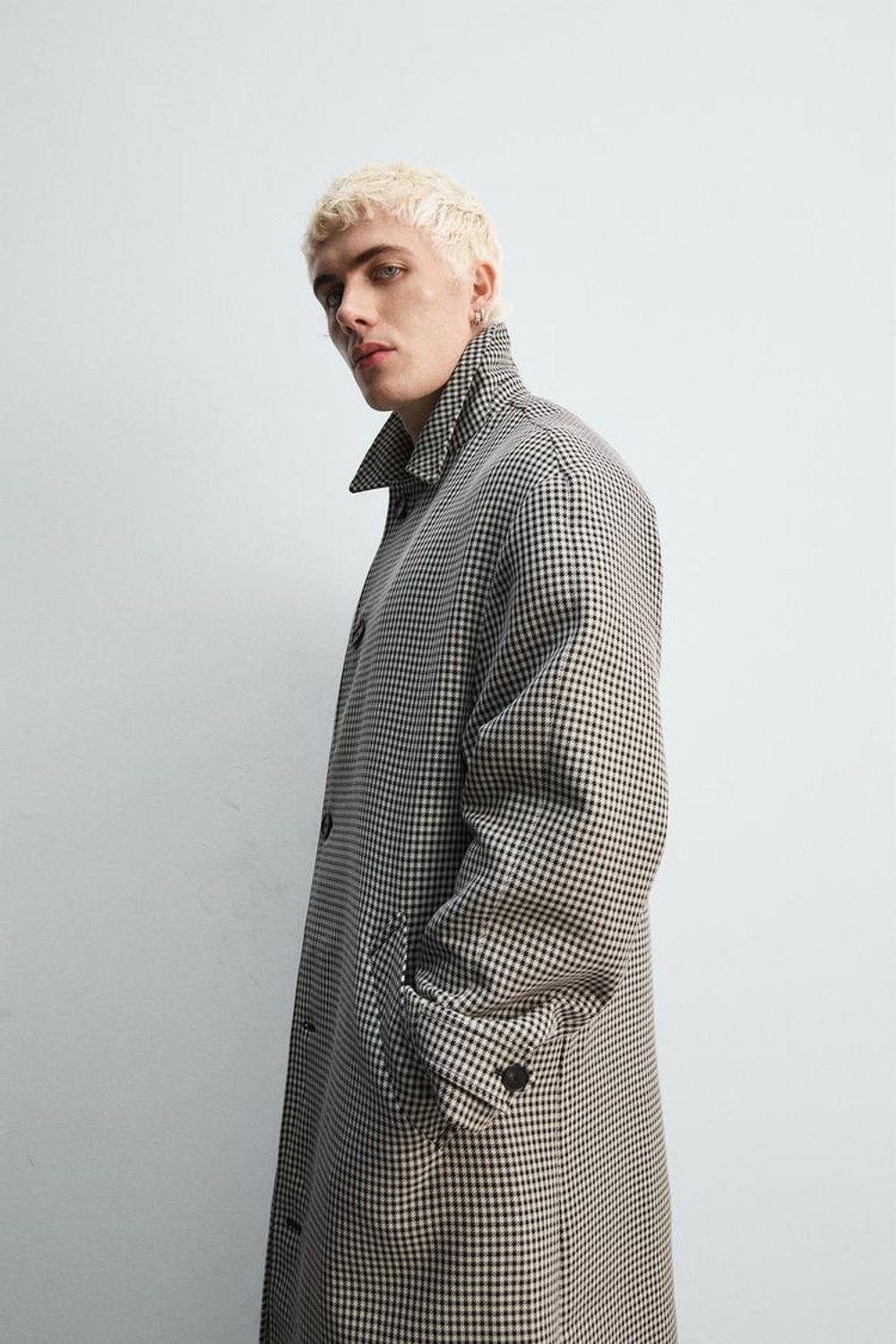 ZARA ПАЛЬТО ИЗ РЕЛЬЕФНОЙ ТКАНИ В КЛЕТКУ LIMITED EDITION, БЕЛЫЙ/ЧЕРНЫЙ