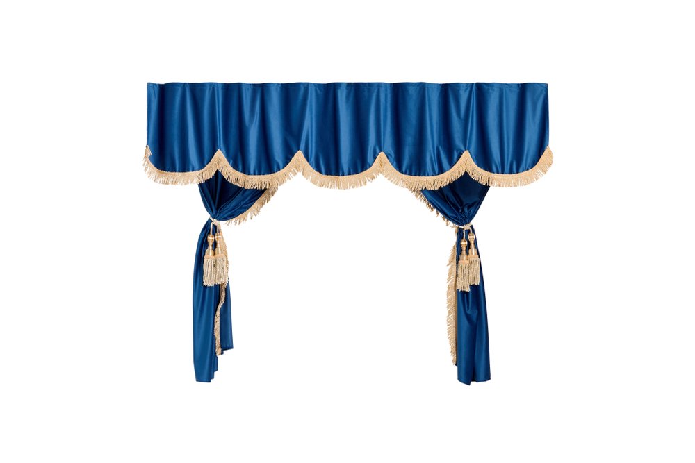 Шторы спального места с ламбрекеном и прихватами "Кисти" в кабину Volvo, Scania, MAN, DAF, Merc, Камаз, Sitrak, Shacman, Foton, FAW. Высота 1,5м, ширина одной стороны - 1,15м. Блэкаут, велюр. Синий цвет с бежевой бахромой и бежевыми кистями