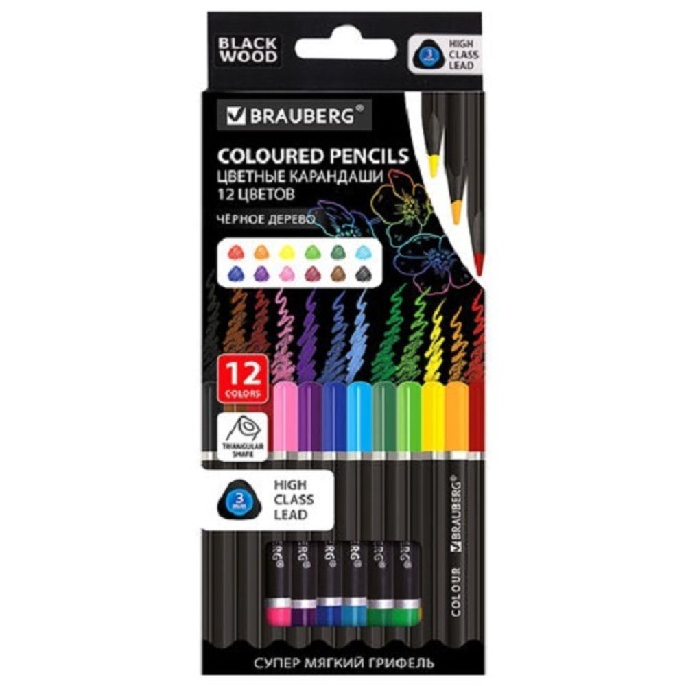 Карандаши цветные трехгранные 12цв. Brauberg Black wood, черное дерево