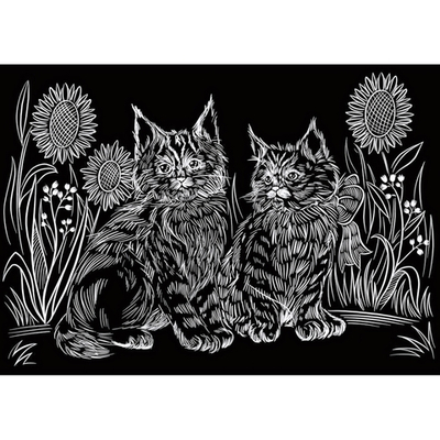 Гравюра А4 серебро, с ручкой "Котята в подсолнухах" в пакет (Арт. Г-5898)