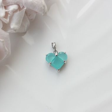 Подвеска Сердце с бирюзовым фианитом, 14 мм, родий, П356