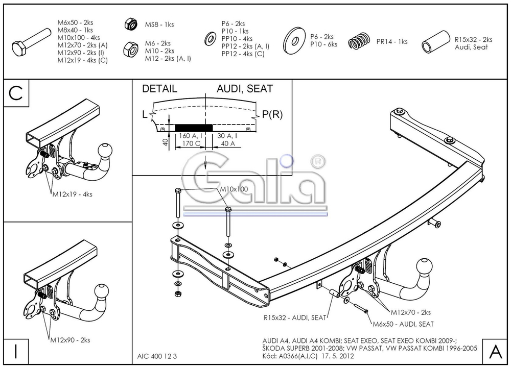Фаркоп оцинкованный Galia A036A для Audi A4 2000-2007, VW Passat 1996-2005(паспорт и сертификат в комплекте)(без электрики)