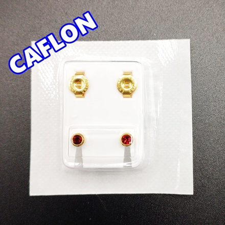 Серьги-гвоздики для прокола ушей под пистолет. CAFLON (Англия). Золотистые с темно-красными ( Январь) кристаллами