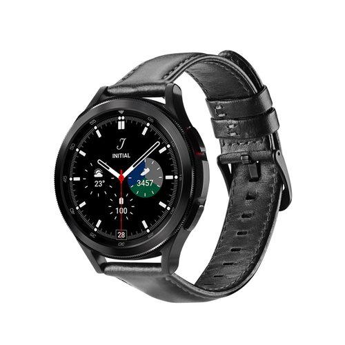 Ремешок из натуральной кожи черного цвета от Dux Ducis для смарт часов Samsung Galaxy Watch 3, 4, 5, 6 и 7 (размер крепления 20мм), серия Business Series