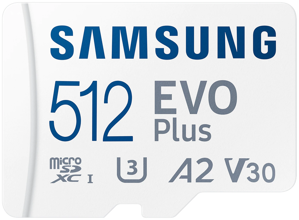 Карта памяти Samsung EVO Plus microSDXC 512 ГБ Class 10, V30, A2, UHS-I U3, R 130 МБ/с, адаптер на SD
