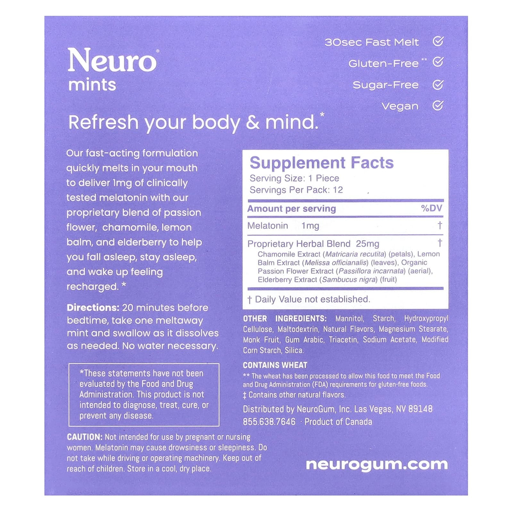 NeuroGum, NeuroMints, сон и восстановление, со вкусом ягодного ассорти, 6 пакетиков, 12 мятных конфет Meltaway