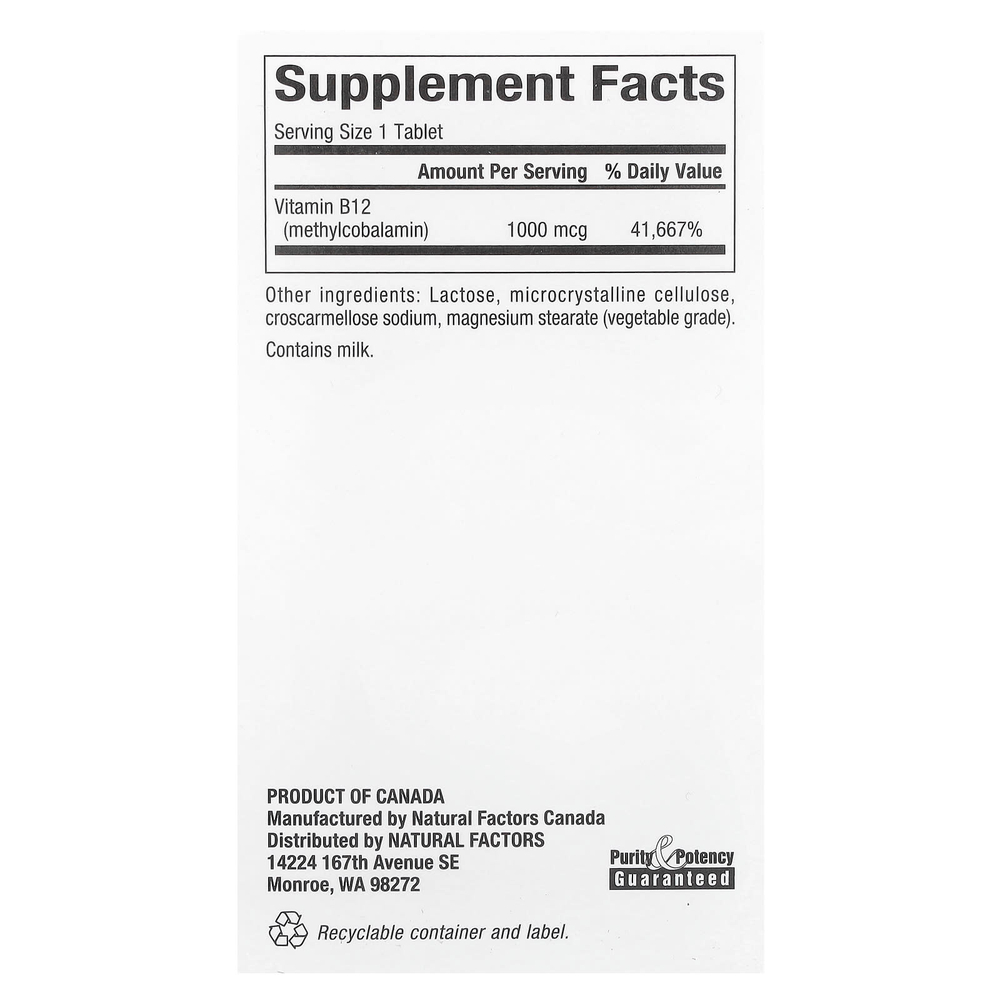 Natural Factors, B12, метилкобаламин, 1000 мкг, 180 жевательных таблеток