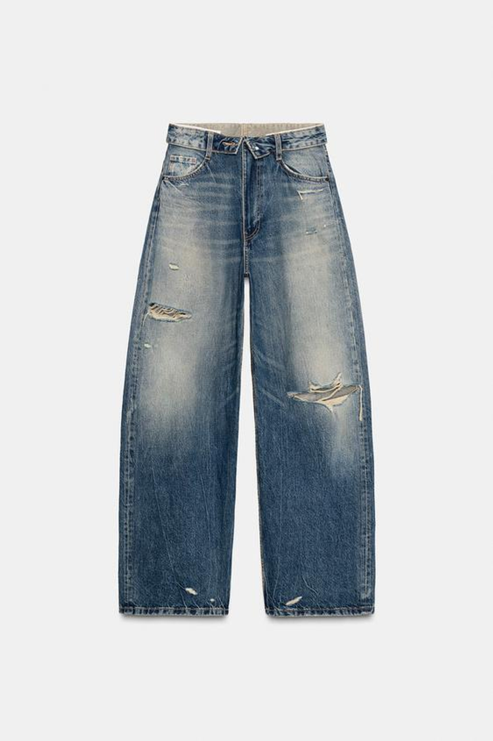 ZARA ДЖИНСЫ TRF СО СРЕДНЕЙ ПОСАДКОЙ И ОТВЕРНУТЫМ ПОЯСОМ, СИНИЙ