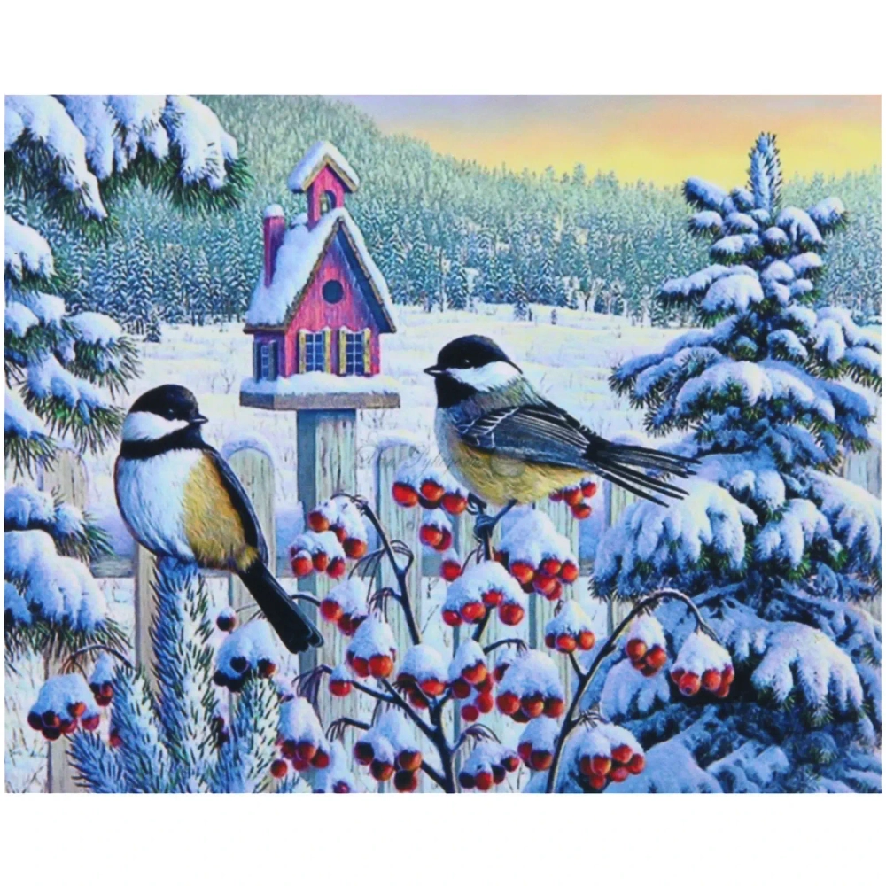 Алмазная мозаика на подрамнике с полным заполнением «МИР ЯРКИХ КРАСОК», зимнии синицы, 30*40 см