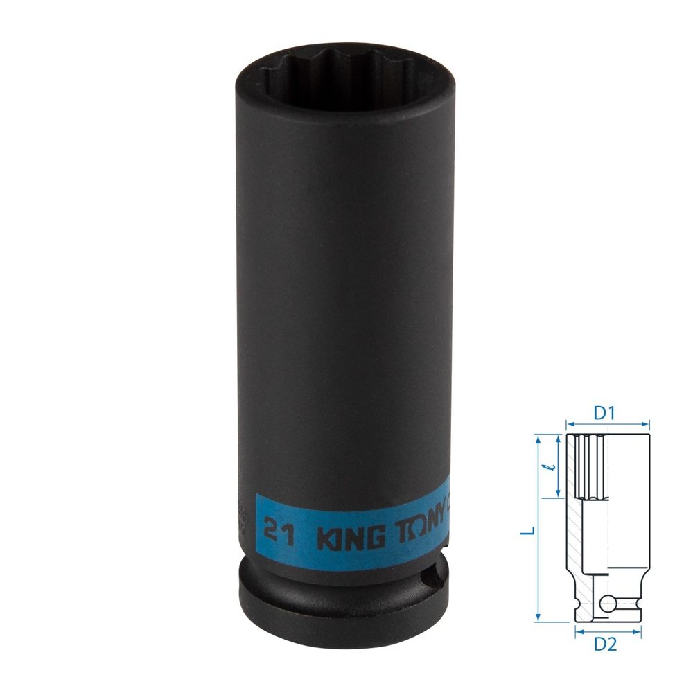 KING TONY (443021M) Головка торцевая ударная глубокая двенадцатигранная 1/2", 21 мм