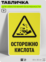 Табличка для обеспечения безопасности "Осторожно кислота", для производства, предприятия, организаций, 40х30 см, Silver Plane x Айдентика Технолоджи