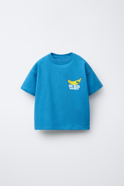 ZARA ФУТБОЛКА ИЗ ТКАНИ С ПРИНТОМ, СИНИЙ