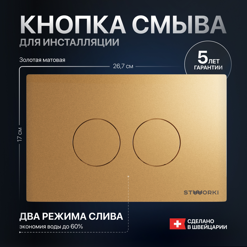 Кнопка смыва для унитаза STWORKI Хельсинки 500474 пластик, цвет матовое золото