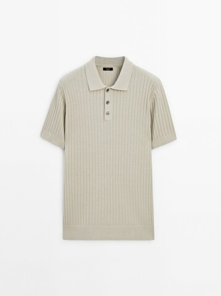 Massimo Dutti Поло в рубчик с короткими рукавами, натуральный, кремовый
