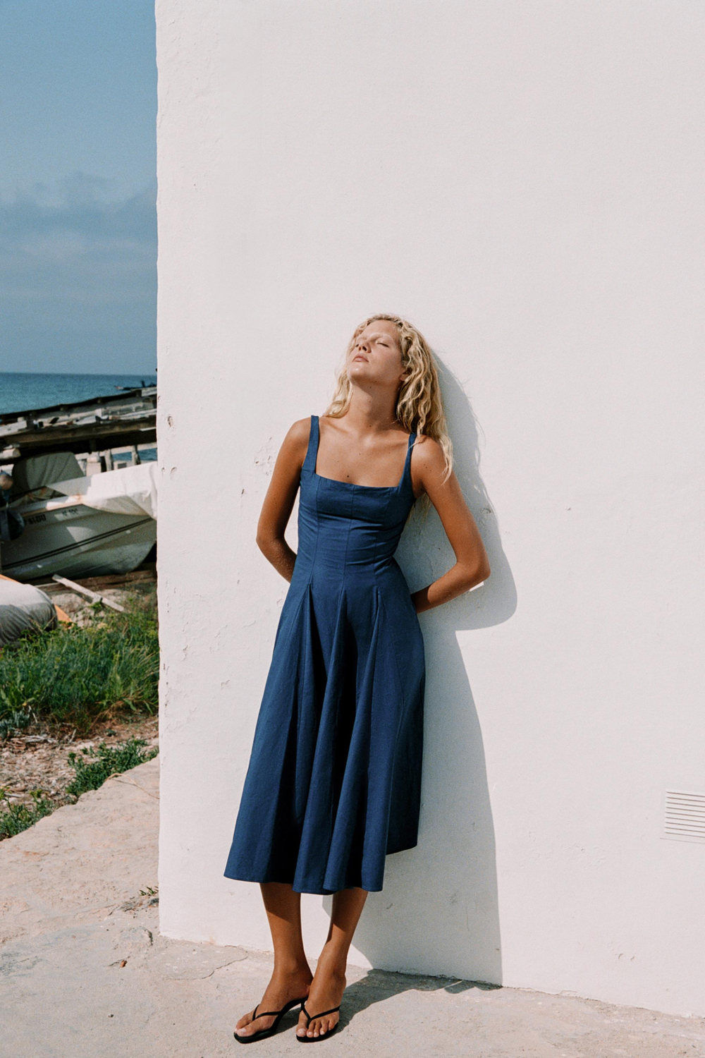 ZARA ПЛАТЬЕ МИДИ ИЗ ПОПЛИНА С ЮБКОЙ ГОДЕ, МОРСКОЙ СИНИЙ