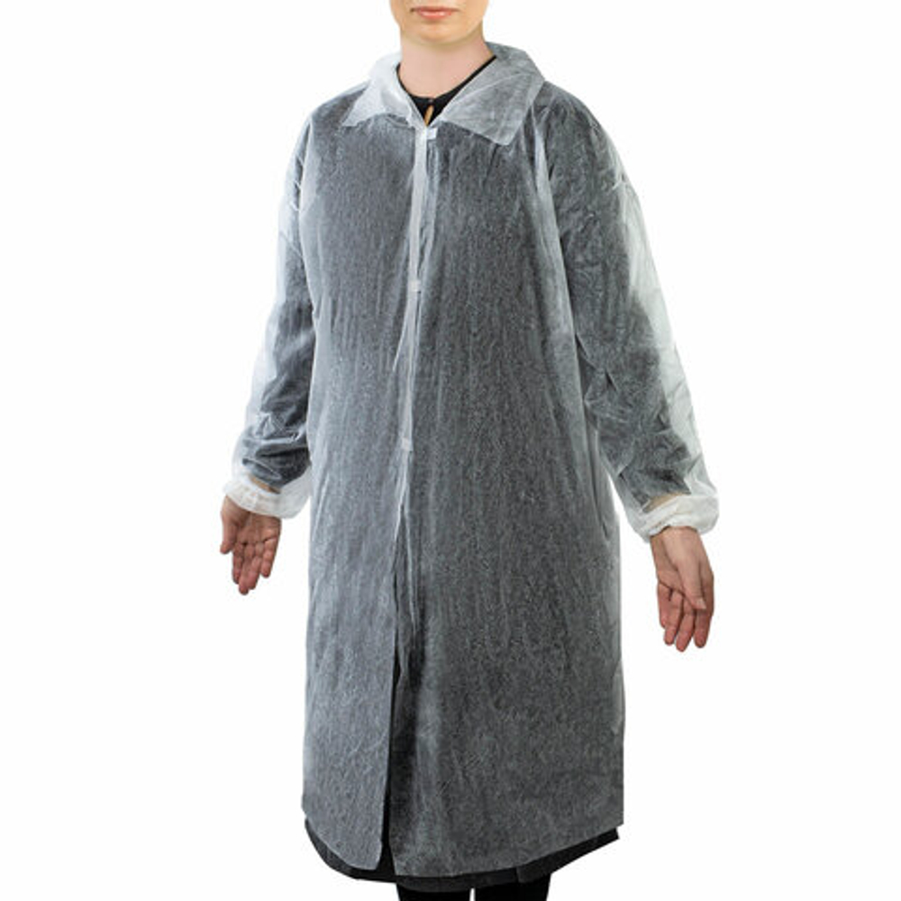 Халат одноразовый белый на липучках КОМПЛЕКТ 10 шт., XXL, 56-58 размер, 110 см, рукав на резинке, 30 г/м2, ОПТИТРЕЙД