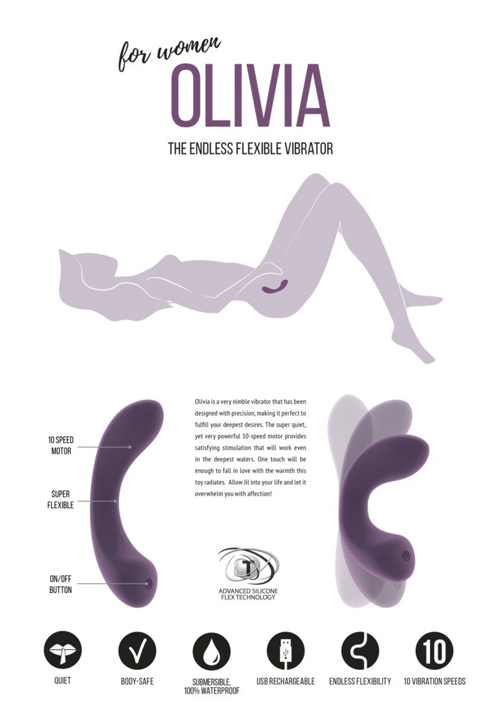 Фиолетовый гнущийся вибратор Olivia - 15,6 см. (Цвет: фиолетовый)