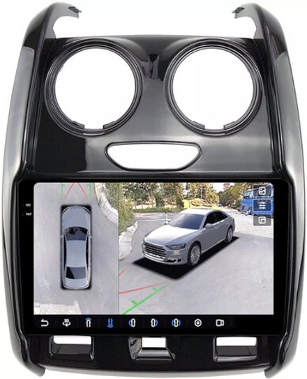 Магнитола для Renault Duster 1 2015-2020, Lada Largus 2021+ (без мультируля, рамка большая глянец) - FarCar BX9-360-7088A монитор 9.5" 2K QLED на Android 13, 6+128Гб, CarPlay, 4G SIM-слот, 4 камеры в комплекте