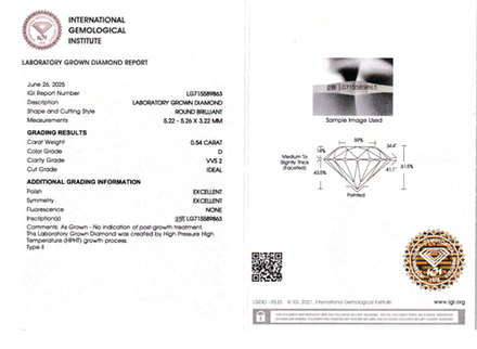 Лабораторно-выращенный бриллиант Кр-57 5.22-5.26 мм D/VVS2 0.54 ct