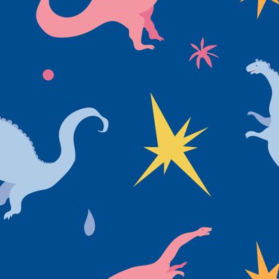 Динозавры и звёзды на синем фоне. Colorful dinosaurs and stars