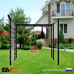 Уличная шведская стенка Sv Sport рукоход с комплектом турник прямой 2шт У5047 (Со спинкой/Кронш бокс/Сетка)