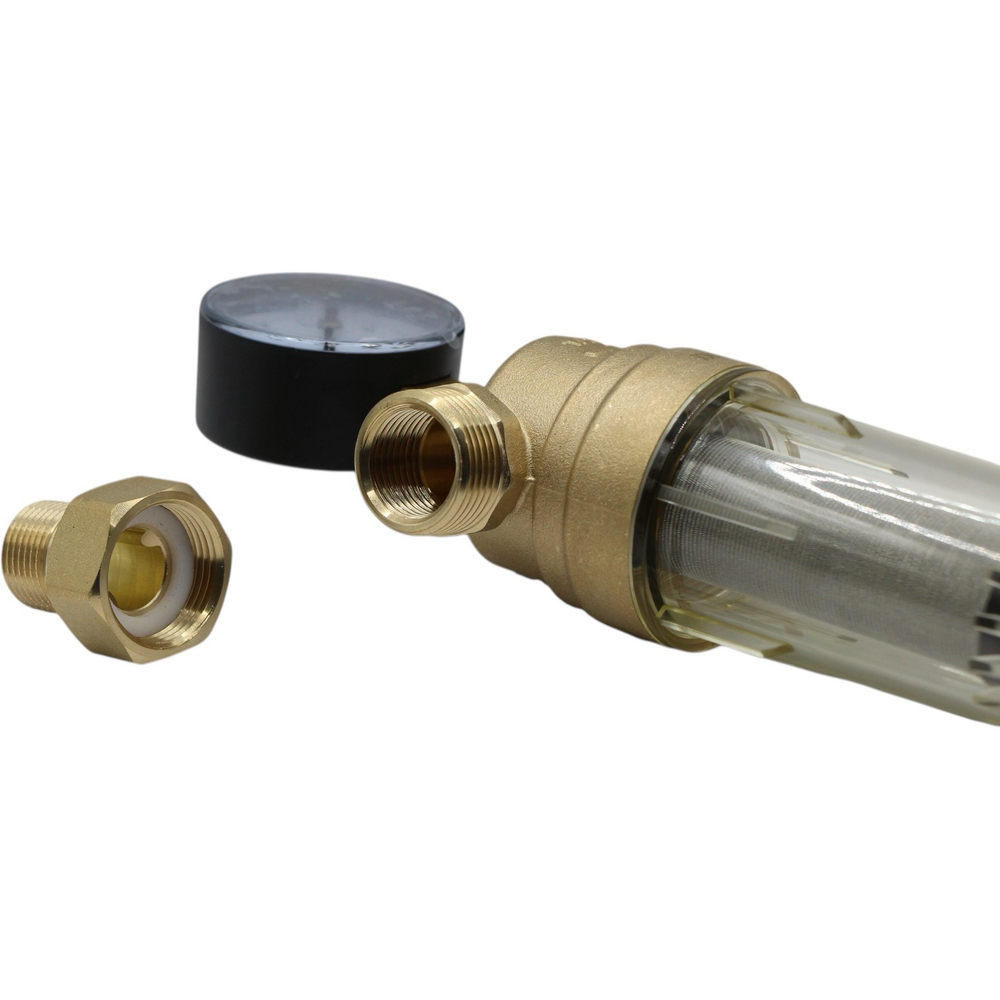 Фильтр самопромывной TIM 1/2" с манометром в стеклянном корпусе