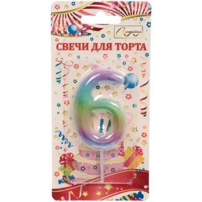 Свеча для торта Цифра Радуга «6» 6*4 см