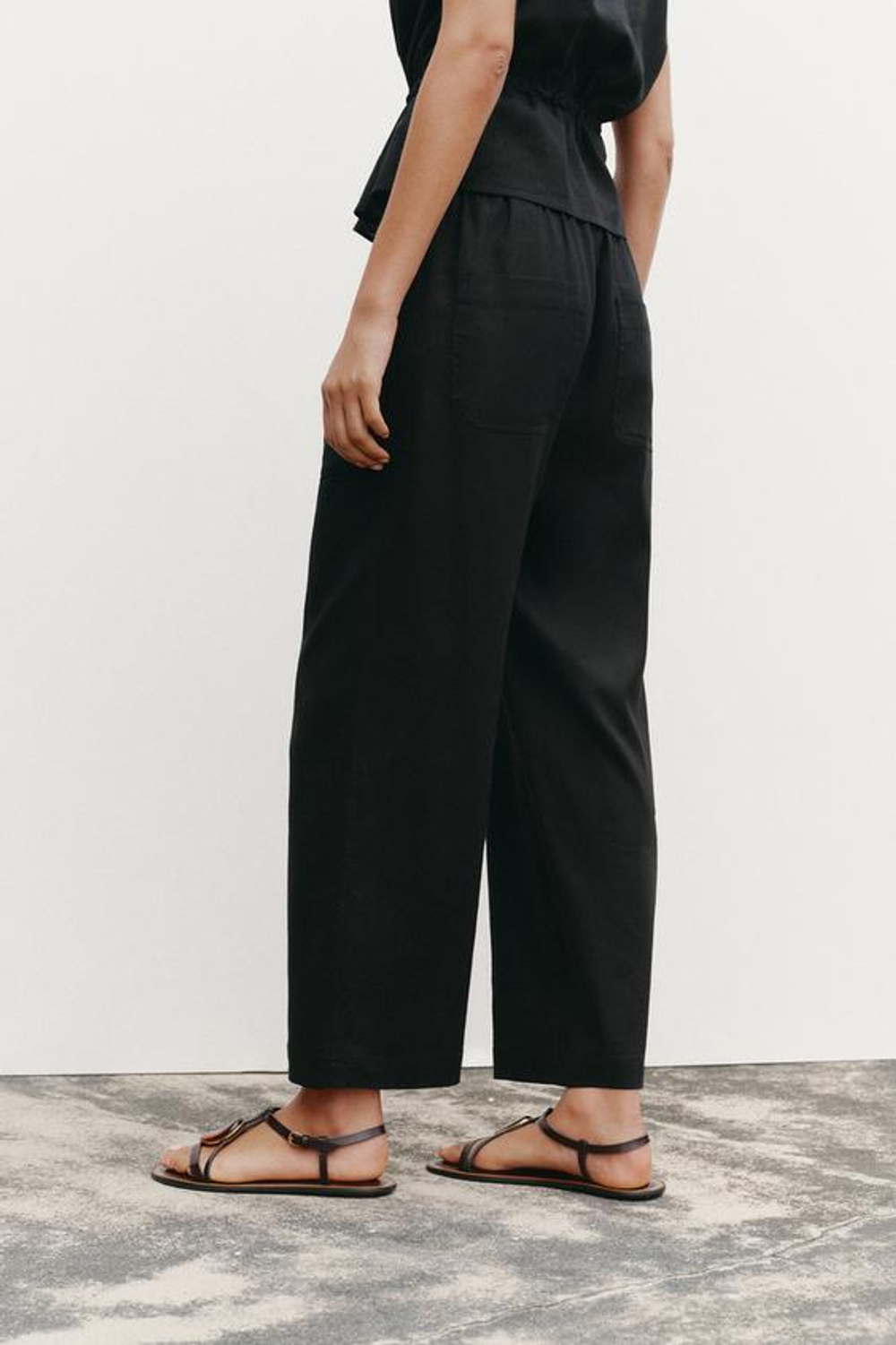 ZARA БРЮКИ ИЗ ЛЬНЯНОЙ ТКАНИ С БУСИНАМИ НА ШНУРКЕ, ЧЕРНЫЙ