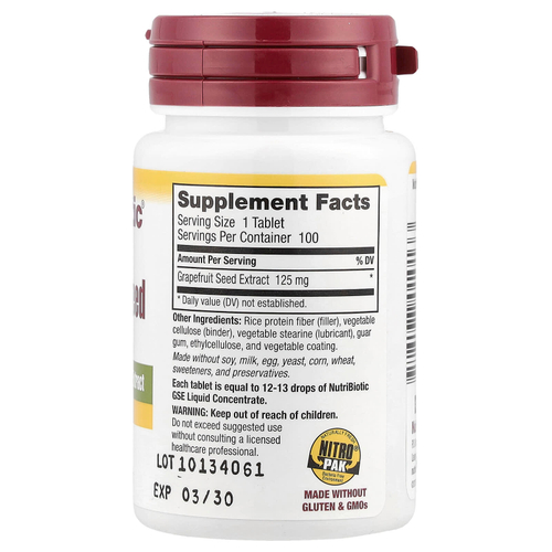 NutriBiotic, экстракт косточек грейпфрута, высокая эффективность, 125 мг, 100 таблеток