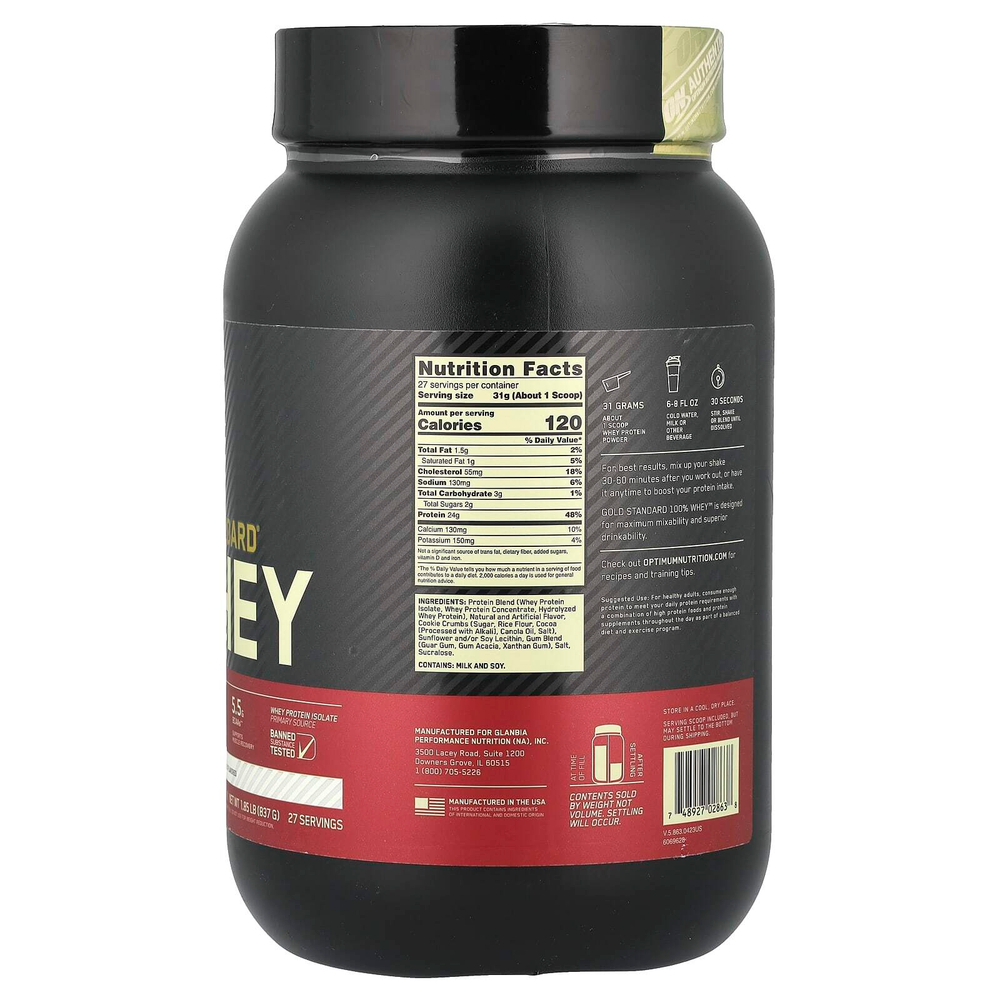Optimum Nutrition, Gold Standard 100% Whey, сыворотка со вкусом печенья и сливок, 837 г (1,84 фунта)
