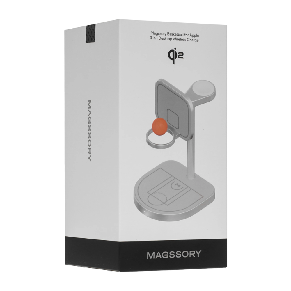Зарядная станция MagSafe Magssory Basketball для iPhone, Apple Watch и AirPods (Qi2) Беспроводная зарядка: Qi 15 Вт, Qi 5 Вт, магнитное крепление для быстрой зарядки Apple Watch (Qi 5 Вт). Проводная зарядка: нет. Сертификация Qi2. Есть LED-индикация