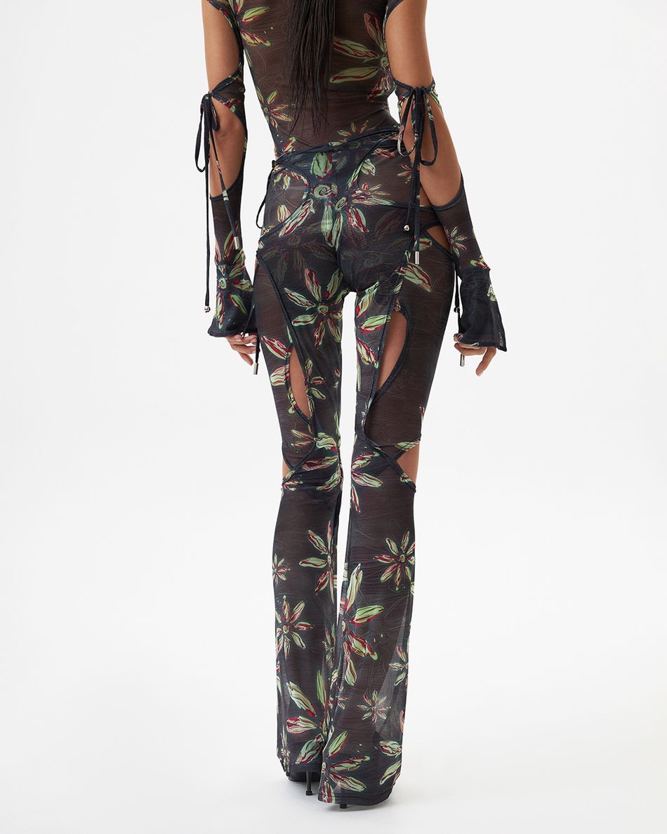 BLACK FLORAL MESH TROUSERS
