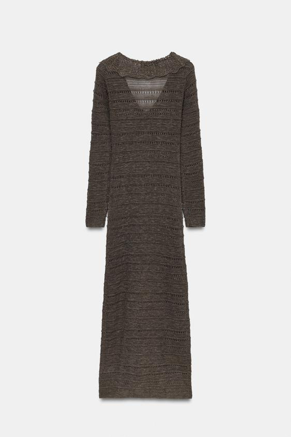 ZARA ПЛАТЬЕ ИЗ ТРИКОТАЖА POINTELLE С ВОЛАНАМИ, СЕРОВАТО-КОРИЧНЕВЫЙ
