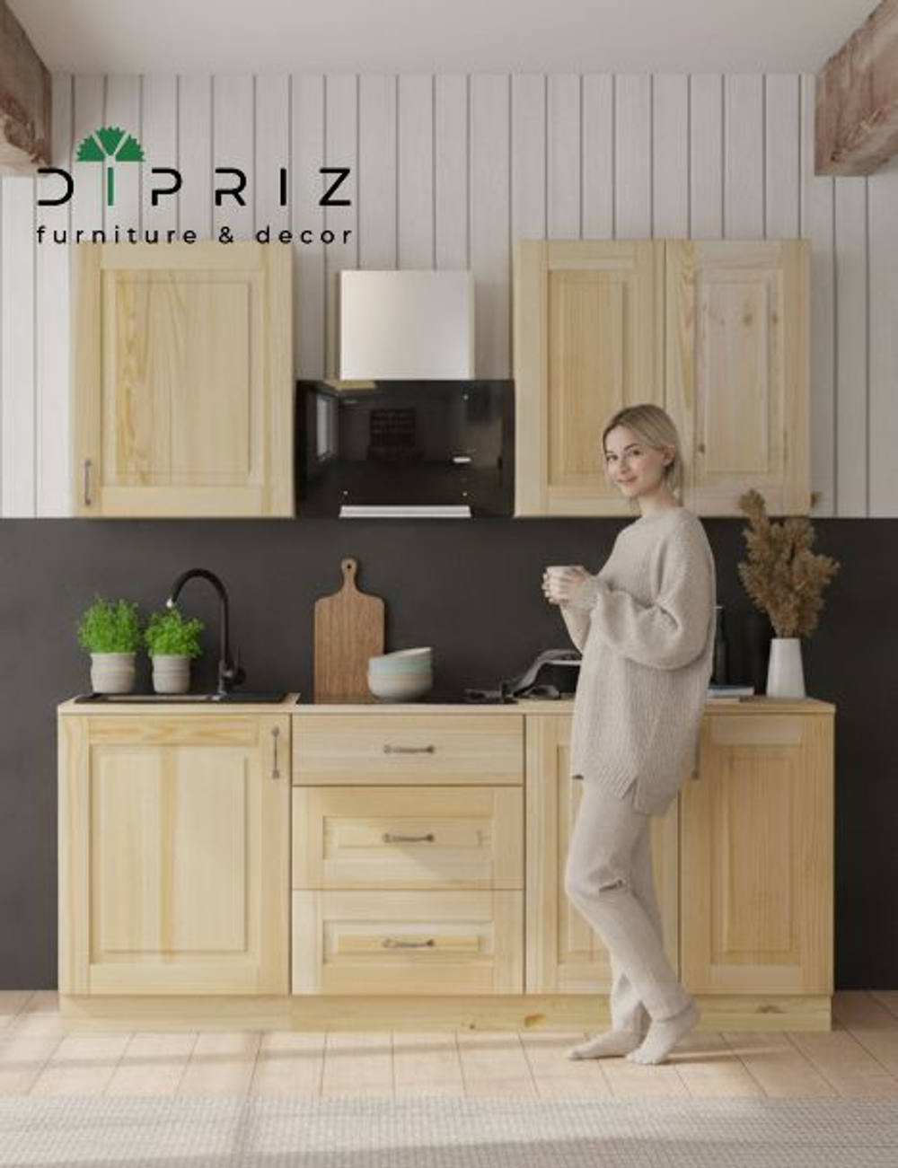 Кухонный модуль, 60х32х75, Стокгольм Натур, навесной, из массива дерева, в лаке, Dipriz