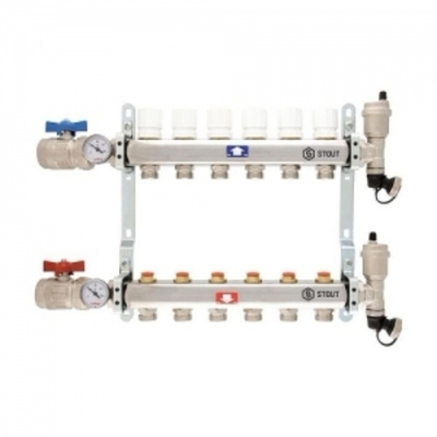Коллекторная группа в сборе STOUT - 1" на 2 контура 3/4" (нерж.сталь, с вентилями)