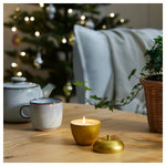 Свеча ароматическая IKEA VINTERFINT (ВИНТЕРФИНТ), Ваниль, корица и сладкое яблоко, Золотой, 24 часа, 9 см